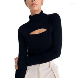 Women's Sweaters Women's Women Long Sleeve T-shirt Hollow Knitted Turtleneck Top Out Casual Solid Color Open-chested Knit Slim Stretch