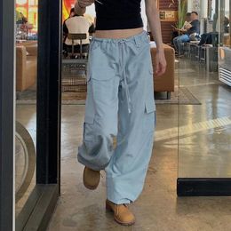 Women's Pants Y2k Baggy Cargo Parachute Trouser Blue Palazzo Wide Leg Multipockets Straight Streetwear Fall Summer Fashion Women