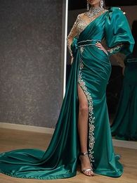 Aso Ebi Beaded Mermaid Prom Dresses Fashion Design Long Sleeves High Neck Thigh Deep Split Long Satin Formal Evening Gowns AppLiques Women Elegant Robe De Soriee