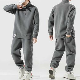 Men's Tracksuits Autumn 2021 Warm Suit Men Two Piece Sets Comfort Fleece Top and Elastic Waist Trousers Loose Clothes Big Size Sportwear Outdoor G220927