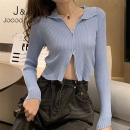 Women's Knits Tees Jocoo Jolee Fashion Black Ribbed Zip-up Cardigans Casual Turn-down Collar Long Sleeve Autumn Sweater Sexy Cropped Tops Knitting 220929