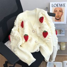 Womens Knits Tees Strawberry Embroidery Cardigan Women Sweet Cropped Sweaters Gentle Knitted Retro Korean Style Fashion Outwear Vneck Feminine 220929