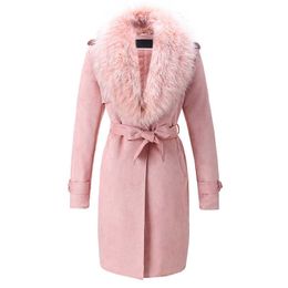 Women's Fur Faux Fur Giolshon Winter Women Faux Suede Leather Long Coat Detachable Faux Fur Collar Belt Lapel Outwear Trench Coat Casual Cardigan T220928