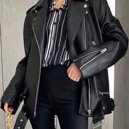 Women's Leather Faux Lautaro Autumn Womens Motorcycle Biker Jacket Zipper Long Sleeve Loose Red Black Soft for Women 220928