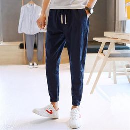 Men's Pants 6XL Cotton Linen Harem Men Jogger Male Trousers Solid Color High Quality Elastic Waist With Sash Pant Plus Size