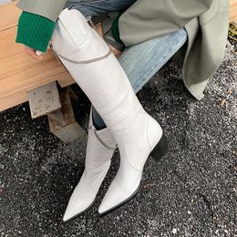 Boots Western Women Genuine Leather Knee High Cowboy Fashion Pointed Toe Wedges Long Riding Botas Casual Footwear
