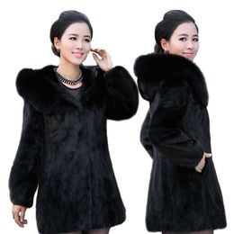 Women's Fur Faux Leather Coat Mink Hooded Collar Mid-Length T220928