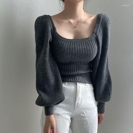 Women's Sweaters Knitted Women Spring Puff Sleeve Square Collar Pink Black Slim Korean Vintage Knitwears Femme Tops Chandails Ropa Mujer