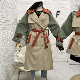 Women's Trench Coats Women's Mid-Length Hit Color Stitching Double Breasted Coat With Belt Ropa Mujer Autumn 2022 Women Loose Long