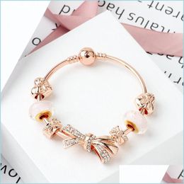 Beaded Strands Strands Fashion Rose Gold Shining Bow Bracelet 18-20Cm Love Charm Glass Bead Jewelry Wholesale Drop Delivery 2021 Brac Ott2L