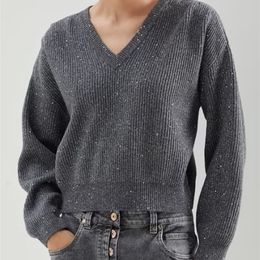 Womens Sweaters Women Sequins VNeck Sweater 100% Cashemere Loose Long Sleeve Casual Jumper Female Pullover Autumn 220929