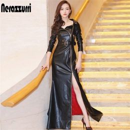 Women's Leather Faux Nerazzurri Autumn maxi black faux leather coat women zipper long sleeve belt slim fit jackets fashion 220928