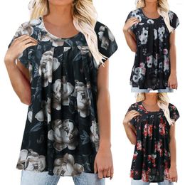 Women's Blouses Ladies Summer Chiffon Tops Women O Neck Short Sleeve Blouse Floral Printed Casual Mesh Pleated Bohemian Shirts Daily Blusa