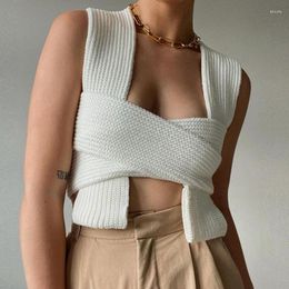 Women's Sweaters Sexy 2022 Fall Winter Knitted White Crop Tops Sleeveless Pullovers Female Bandage Sweater Solid Chic Fashion Top Women