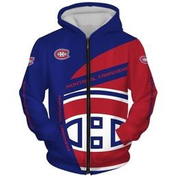 Mens Jackets Montreal mens Fashion Long Sleeve 3D Canadiens Zip Hoodies Blue Red Stitching Fun Letter Printing Sweatshirt 220929