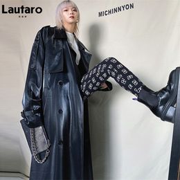 Women's Leather Faux Lautaro Autumn Long Oversized Reflective Shiny Waterproof Patent Trench Coat for Women Belt Loose Korean Fashion 220929