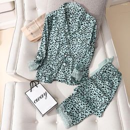 Home Clothing 2022 Pyjamas Set For Women Spring Summer Sexy Leopard Nightwear Silky Satin Sleepwear 2 Pieces Night Suit Loungewear