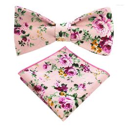 Bow Ties Ricnais Fashion Cotton Adjustable Bowtie & Handkerchief Set Red Bule Floral Hanky Mecktie For Men Business Wedding Neckties