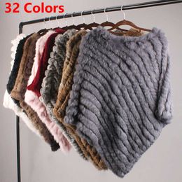 Faux Fur Real Rabbit Knitted Natural Poncho Vest Fashion Wrap Coat Shawl Lady Scarf Wedding Party Wholesale Cape Y2209