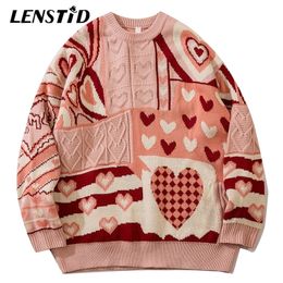 Men's Sweaters LENSTID Men Hip Hop Knitted Jumper Heart Colour Block Knitwear Streetwear Harajuku Autumn Loose Casual Pullover Clothing 220930