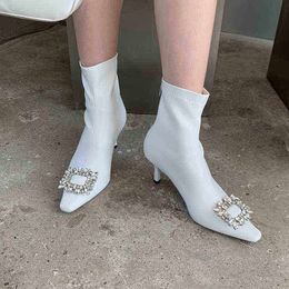 Designer Boots Fashion Women Ankle Black/white/silver Autumn Spring Short Booties Rhinestone Crystal Buckle Thin High Heels Back Zipper 220815