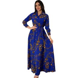 Designer Women's Casual Dresses Fashion French Elegant for Women Summer Retro Print Muslim Dubai Abaya Lapel Single-breasted Long Sleeve Shirt DressUZDZ