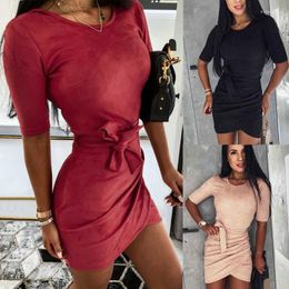 Casual Dresses Womens Short Sleeve Solid Patchwork O Neck Strap Design Long Hooded Sweatershirt Dress So