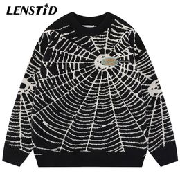 Men's Sweaters LENSTID Autumn Men Knitted Hip Hop Spider Web Graphic Jumper Streetwear Harajuku Fashion Casual Pullovers Clothes Black 220930