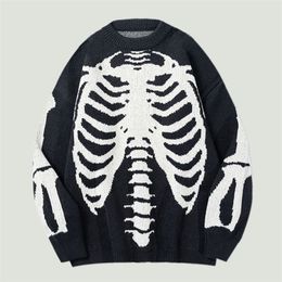 Men's Sweaters Streetwear Oversized Knitted Mens Vintage Skeleton Bone Printed Hip Hop Harajuku Patchwork Casual Pullover Unisex Black 220930
