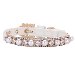 Dog Collars Artificial Pearl Rhinestone Pet Collar Adjustable PU Leather For Small Medium Cat Exquisite Necklace