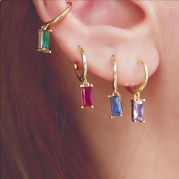 Dangle Earrings Colourful CZ Drop Pendant Hoop Lobe Earring For Women Korean Gold Colour Squares Crystal Ear Buckle Piercing Jewellery KCE198