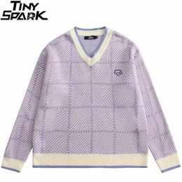 Men's Sweaters Men Hip Hop Knitted Streetwear Embroidery Heart Plaid Pullover Autumn Harajuku Cotton Casual Blue 220930