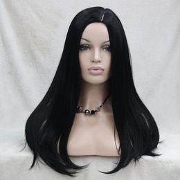 New heat resistant hair jet black no bangs long straight side skin part top wig