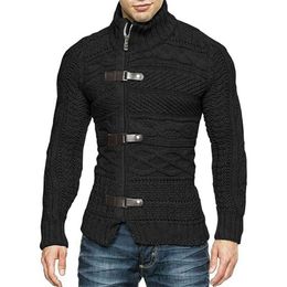 Men's Sweaters Autumn Winter High Neck Sweater Leather Buckle Long Sleeve Knitted Cardigan Coat Large Size Clothing 220930