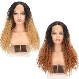 Loose Wave Wigs Gradient Golden Medium Brown Long Curly Hair Front Lace Wig Head Cover