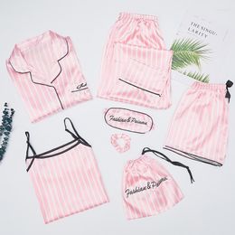 Home Clothing 7PCS PJS Set Women Pyjamas Sleepwear Satin Striped Pyjamas Pink Intimate Lingerie Nightwear Casual Clothes Loungewear