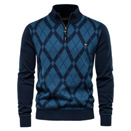 Men's Sweaters AIOPESON Brand Argyle Pullovers Casual Zipper Mock Neck Cotton for Winter Fashion Warm s 220930