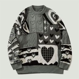 Men's Sweaters Knitted Jumper Sweater Harajuku Heart Patchwork Stripe Hip Hop Streetwear College Style Casual Loose Pullover Couples Tops 220930