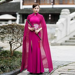 Ethnic Clothing Large Size 3XL-5XL Lady Satin Cheongsam Sexy Shawl Long Qipao Evening Party Dress Traditional Chinese Mandarin Collar