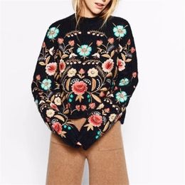 Women's Sweaters TEELYNN black floral Embroidery Pullover Sweater Women boho Long Sleeve O-neck Autumn Winter jumper Top Loose knitted sweaters 220929