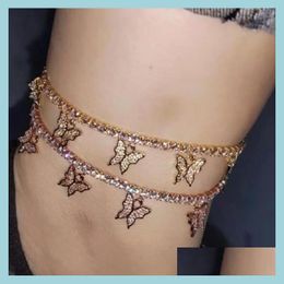Anklets Hip Hop Fashion Butterfly Tennis Chain Women Anklets Body Chains Bracelets 3A Zircon Brilliant Newest Mens Iced Out Mjfashion Dhtab