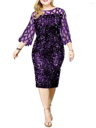 Casual Dresses Women S Sequin Dress Round Neck 3 4 Sleeve Sparkle Glitter Patchwork Plus Size Slim Fit Party Club Midi