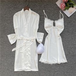 Women's Sleepwear Satin Bride Bridesmaid Wedding Robe 2 Piece Sleep Set Silky Female Sexy Suspender Nightdress With Pads Lace Nightgown