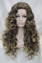 sexy brown mix golden blonde tip curly long synthetic hair full women' daily wig