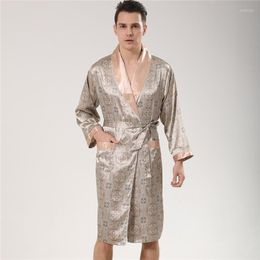 Men's Sleepwear Lrage Size 3XL-5XL Men Kimono Robe Gown Summer Satin Bathrobe Printed Nightwear With Belt Lapel Lounge Wear Nightgown