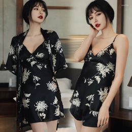 Home Clothing Satin Sleepwear Kimono Gown Women Pajamas 4PCS Robe Set Sexy Pijamas Lounge Wear Print Flower Bathrobe Intimate Lingerie