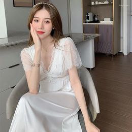 Women's Sleepwear Women White Rayon Long Nightgown Sleep Dress Sexy Lace Nightwear Nightdress Loose Casual Bathrobe Intimate Lingerie Home