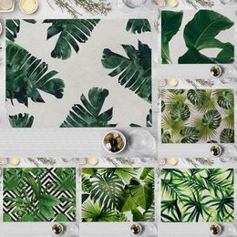 Table Mats 32x42cm Tropical Plant Cotton Linen Kitchen Placemat Green Leaves Dining Cups Bowls Coffee Mat Pad Home Decor