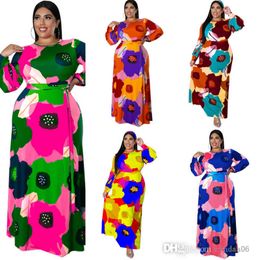 Plus Größe 3xl 4xl 5xl Frauen Maxi Casual Kleider Langärmeliges Langes Kleid Blumendruck Mode Rock