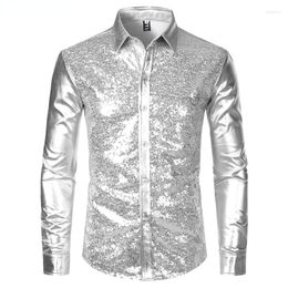 Men's Casual Shirts Silver Metallic Sequins Glitter Shirt Men 2022 70's Disco Party Halloween Costume Chemise Homme Stage Performance